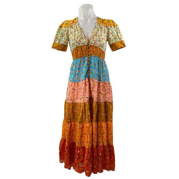 Anthropologie Tiered & True Multicolor Floral Colorblock V Neck Maxi Dress XXS - Picture 2 of 7